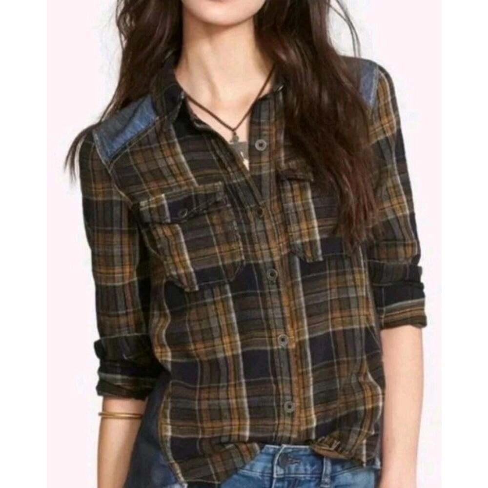 Free People Road Trip Getaway Button Down Shirt Dark Plaid Denim